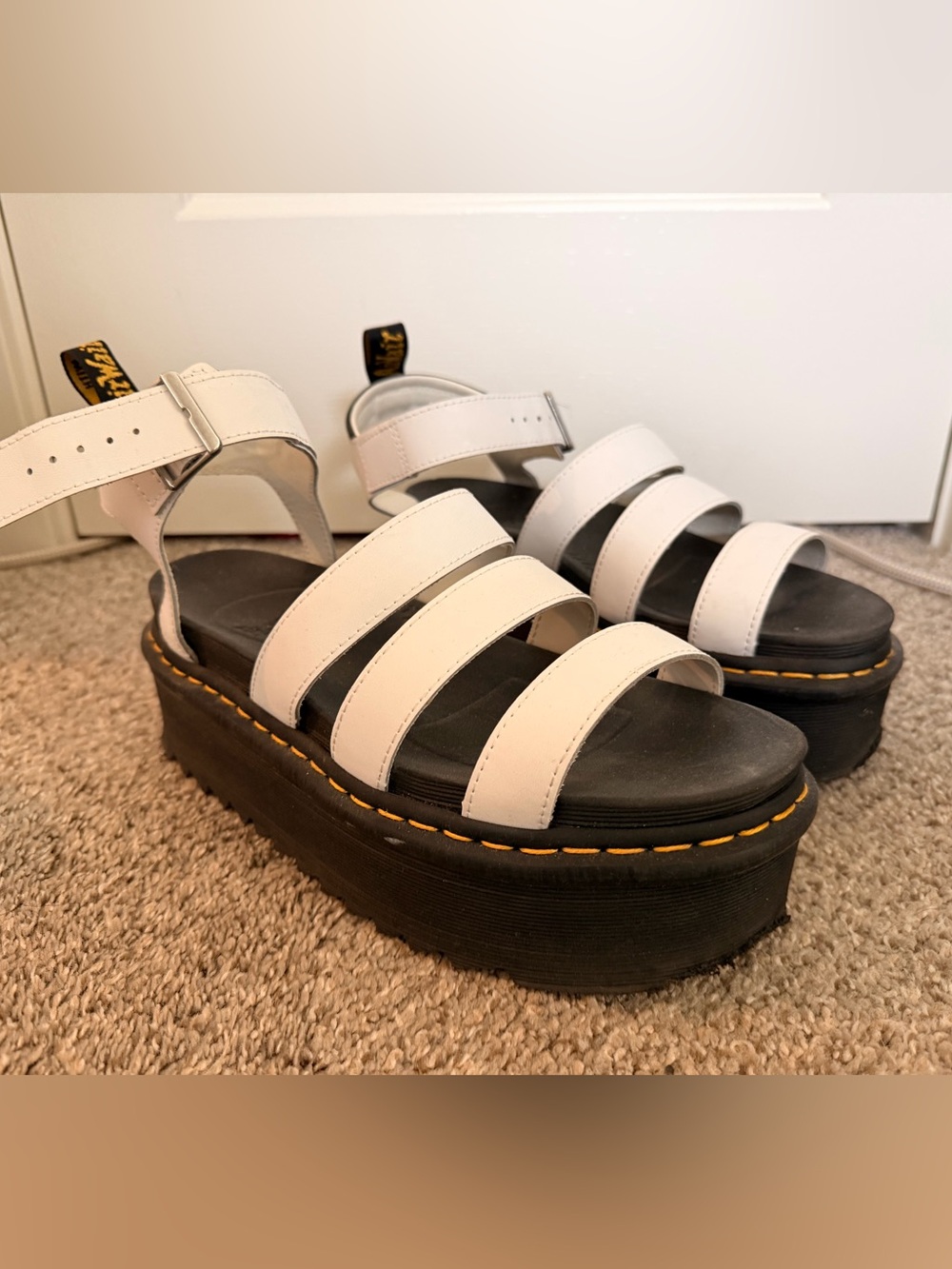 Dr. Martens White Platform Strappy Sandals with Yellow Stitching